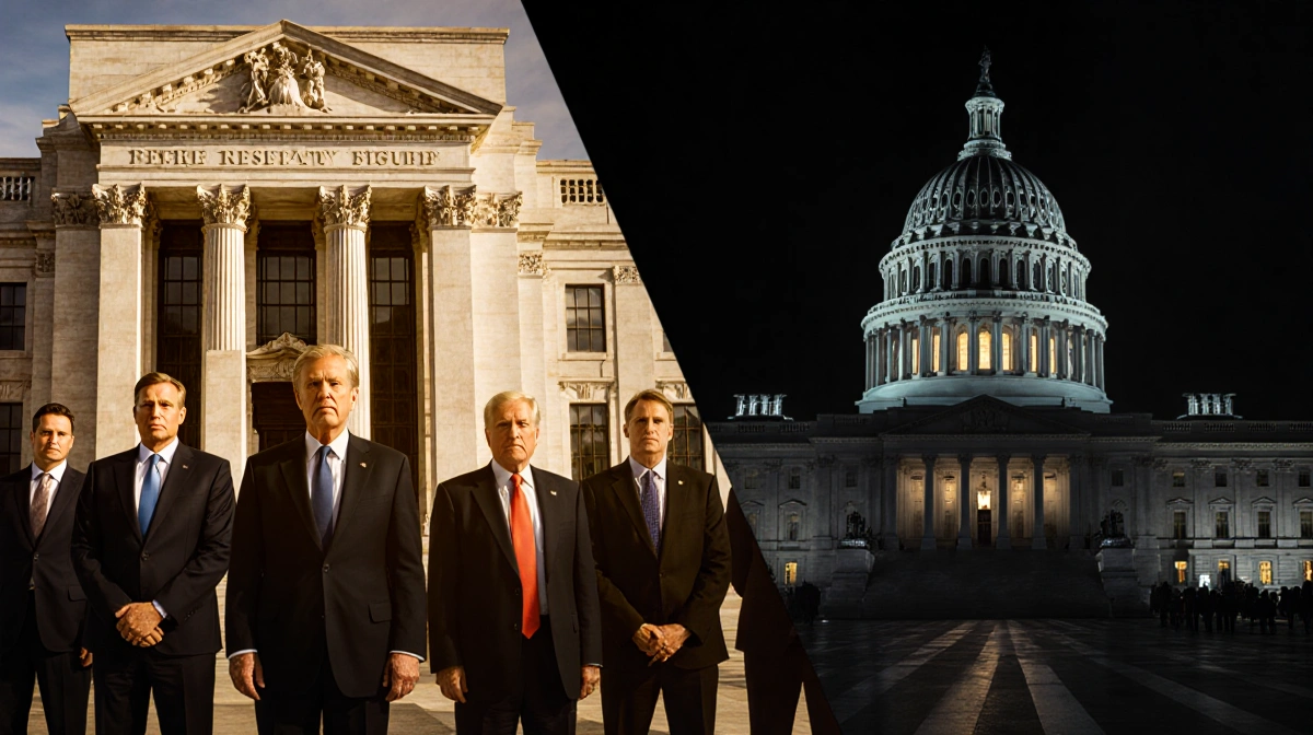 Republican lawmakers stand before a Federal Reserve vault door with a darkened federal building showing a faint glow from wit