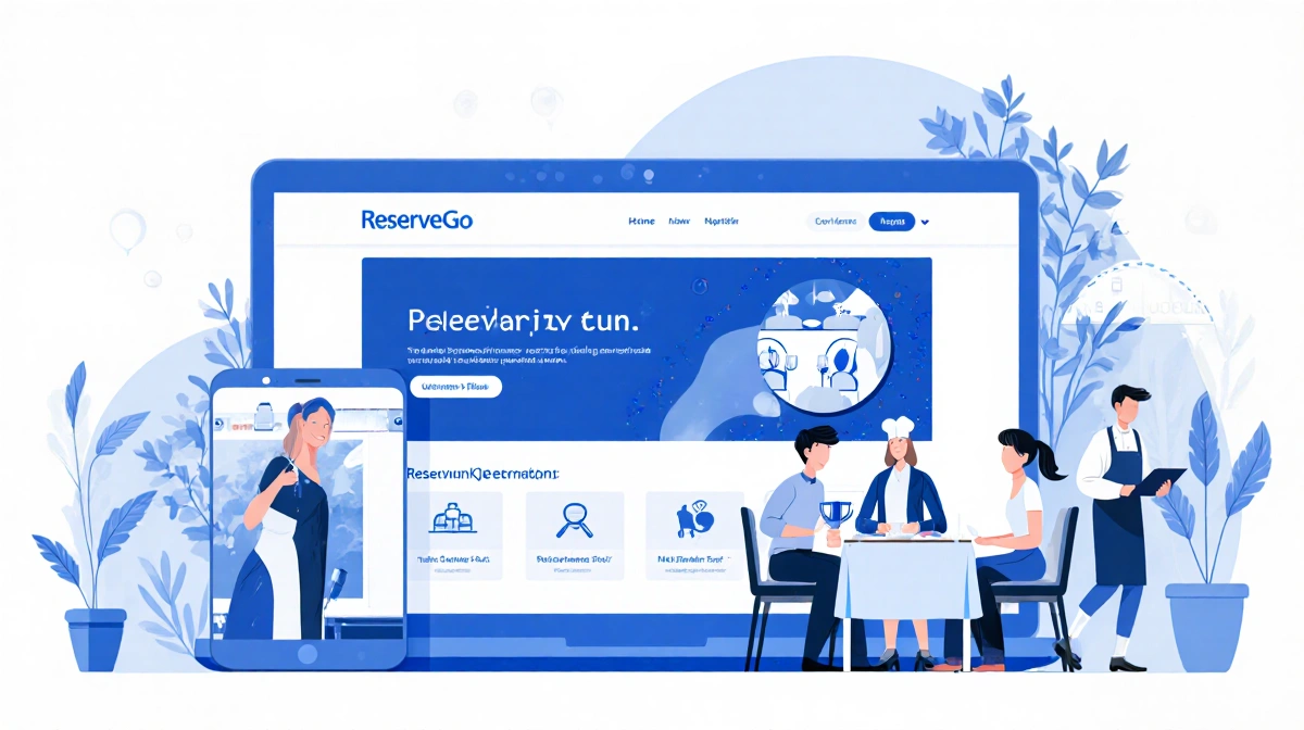 Smartphone screen displays ReserveGo booking with restaurant icons and reservations while chefs and diners are nearby