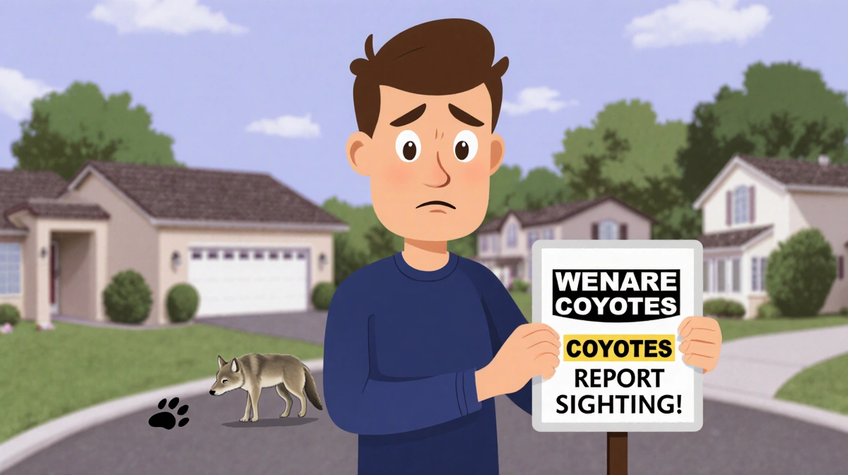 Concerned resident holding a warning sign with blurred suburban houses and faint coyote footprints.