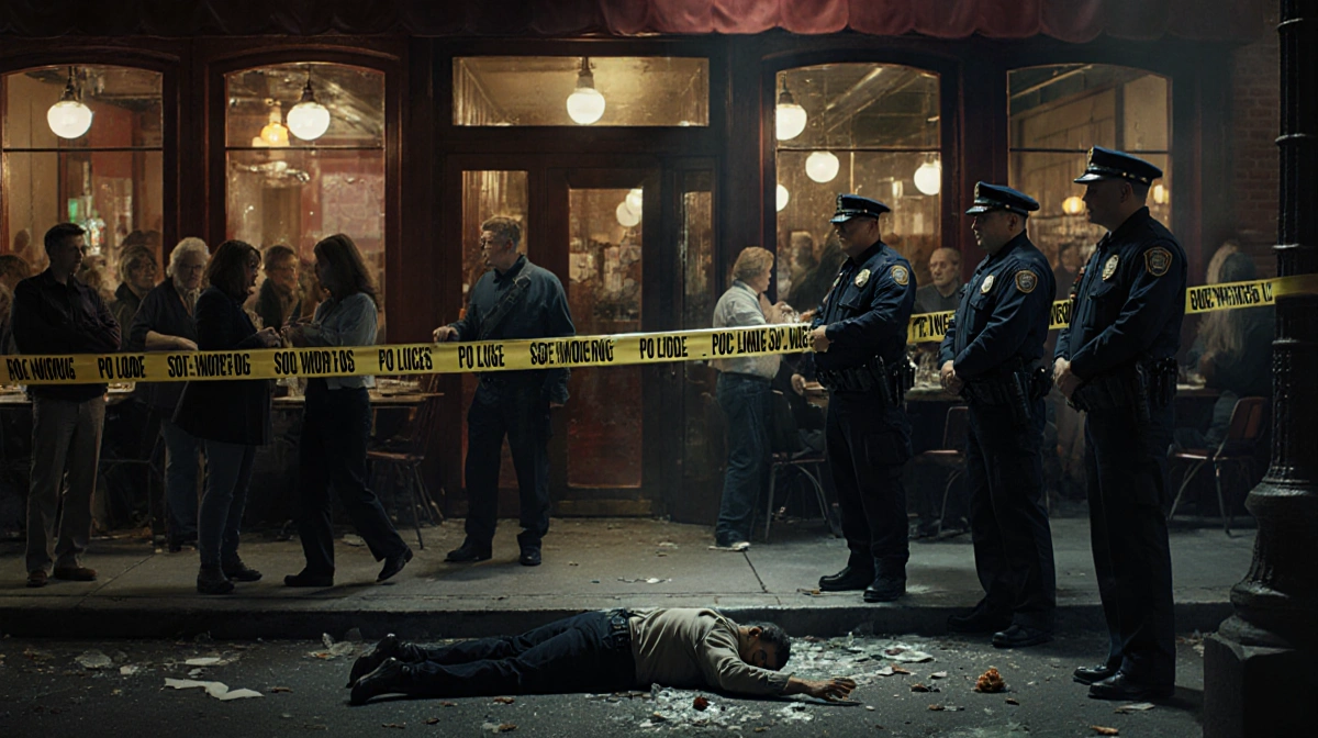 Police officers guard a restaurant crime scene with paramedics treating a person on the ground and patrons fleeing