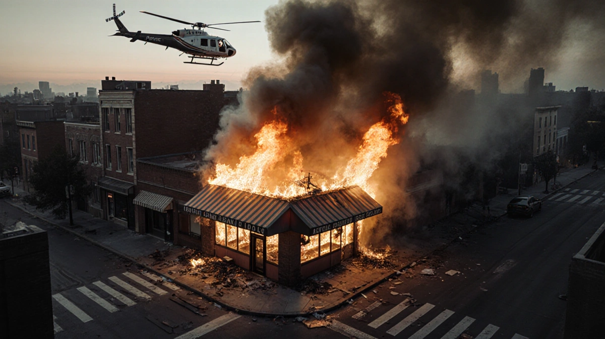 Restaurant awning collapses with orange flames shooting through roof and helicopter hovering above smoke
