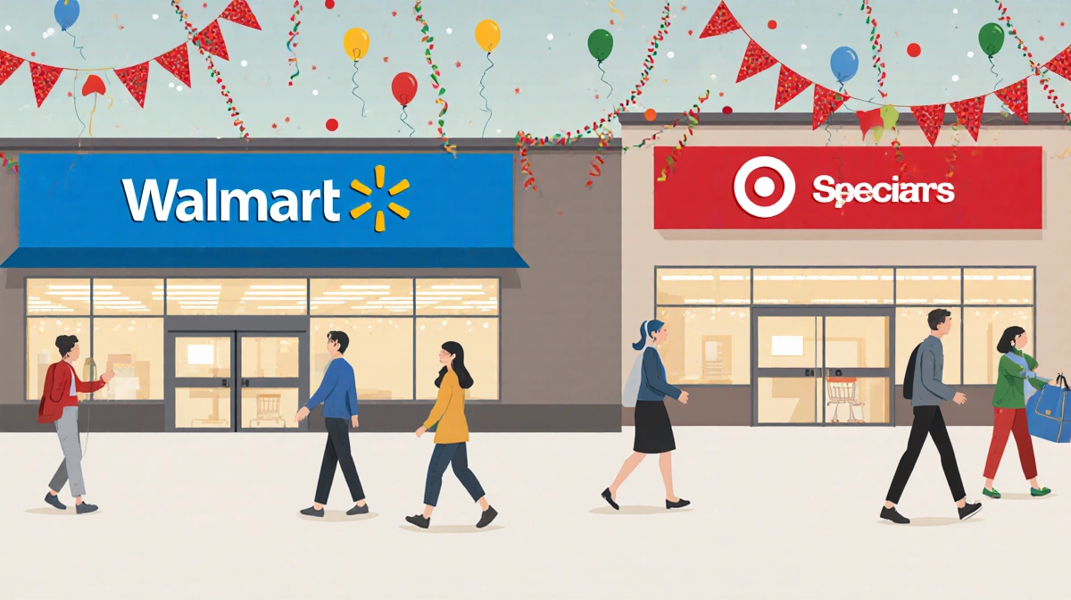 Shoppers walking toward camera with Walmart and Target storefronts and festive holiday balloons in background