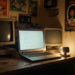 Laptop glows on dusty desk with retro monitors and VHS tapes covering the walls