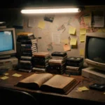 A dusty leather-bound book lies open on a cluttered desk with retro computer monitors and VHS tapes stacked nearby
