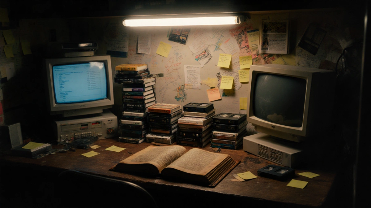 A dusty leather-bound book lies open on a cluttered desk with retro computer monitors and VHS tapes stacked nearby
