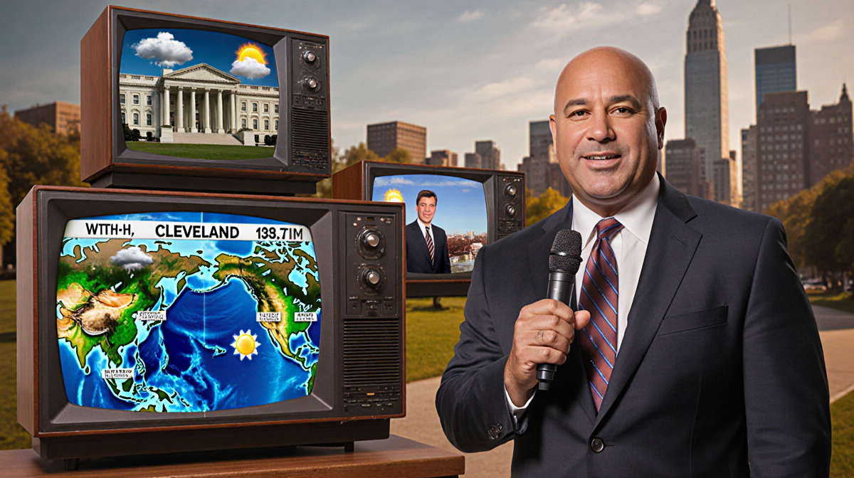 Al Roker standing with microphone beside vintage TV monitors showing weather forecasts for Washington DC and New York
