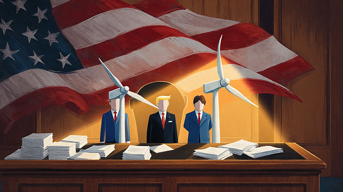 Three wind turbines stand before a judge's bench with court papers and American flag waving behind