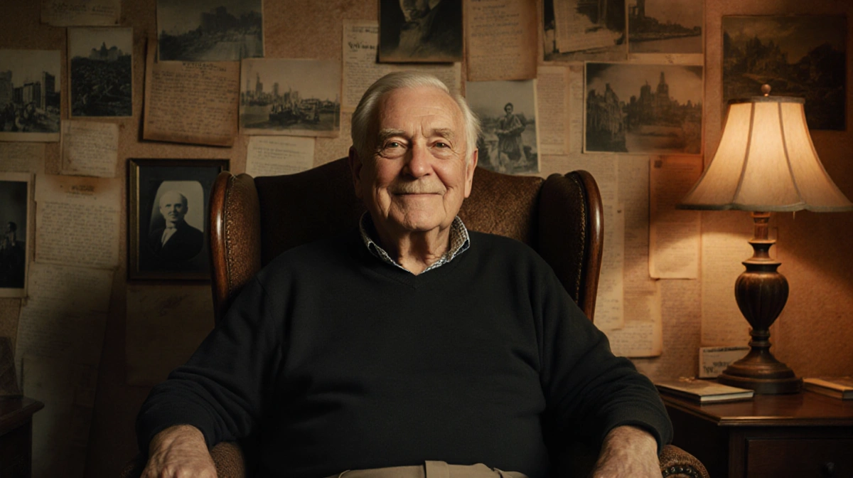 Richard Codey sits in wooden armchair with New Jersey memorabilia and warm lamp glow showing gentle smile