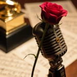 Microphone perches on worn stand holding a rose with warm light and blurred sheet music and Grammy awards