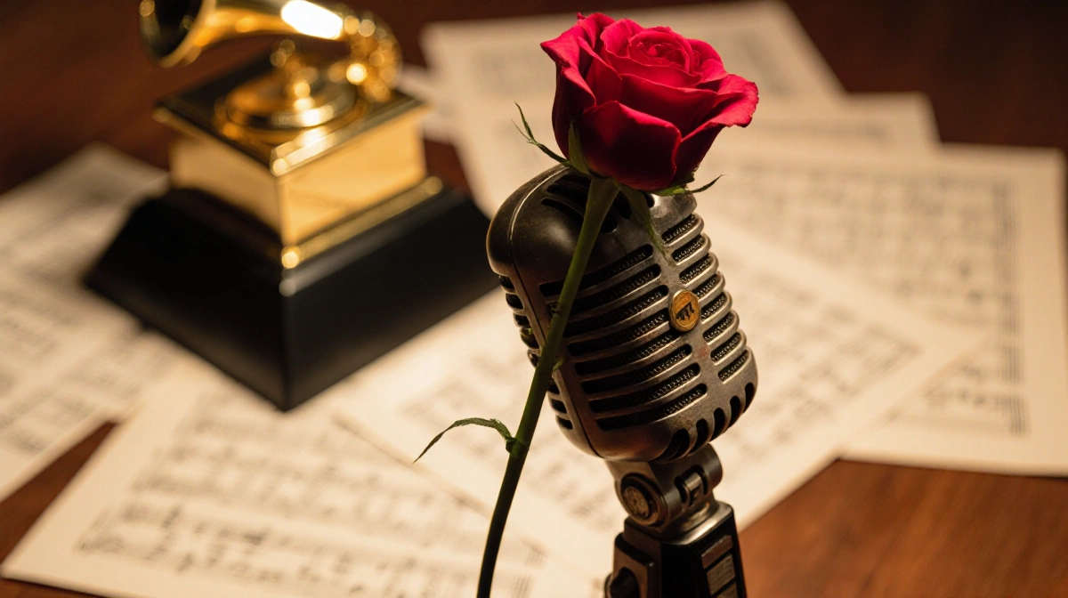 Microphone perches on worn stand holding a rose with warm light and blurred sheet music and Grammy awards