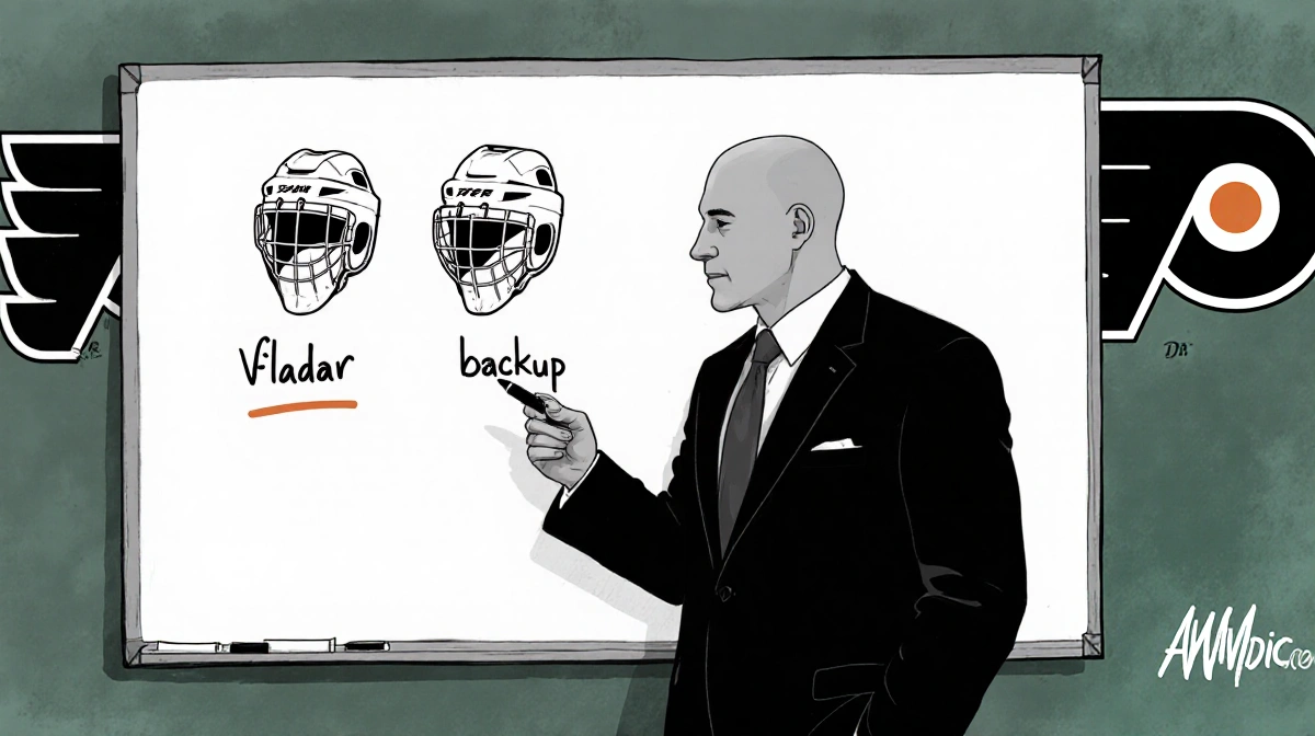 Hockey coach Rick Tocchet stands at whiteboard with goalie masks labeled Vladar and backup while reviewing Philadelphia Flyer