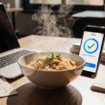 Creamy risotto steaming on wooden table with laptop and travel guide beside it and smartphone showing ticketing interface