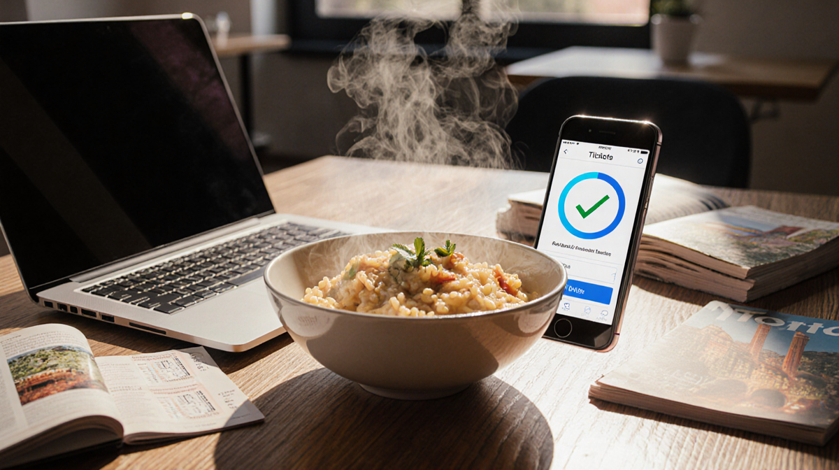 Creamy risotto steaming on wooden table with laptop and travel guide beside it and smartphone showing ticketing interface