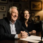Rob Reiner and Michele Singer Reiner sit together clasping hands with warm golden light and Hollywood memorabilia nearby.