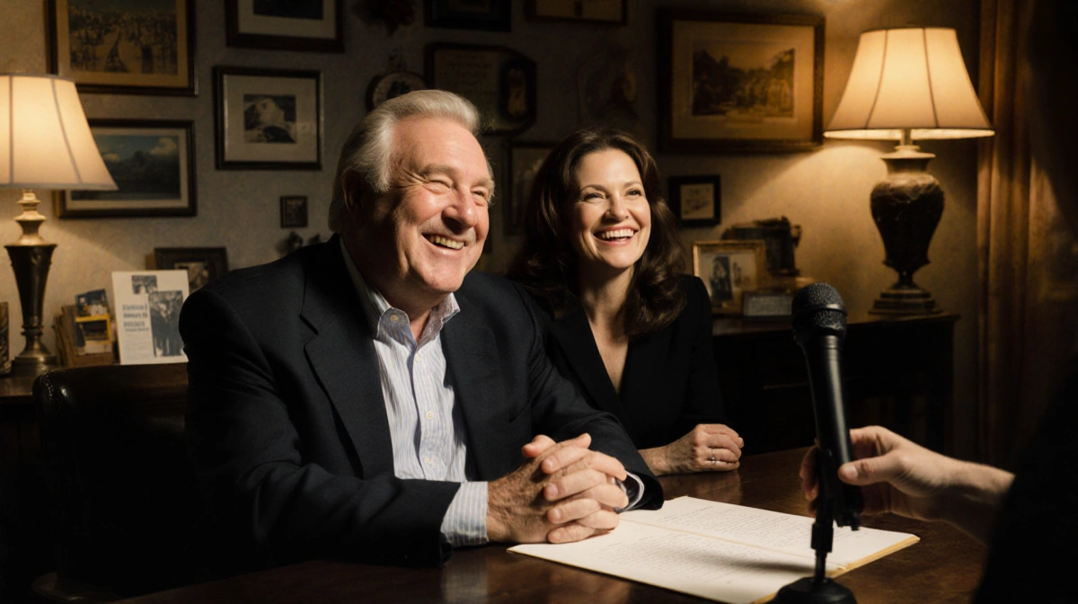 Rob Reiner and Michele Singer Reiner sit together clasping hands with warm golden light and Hollywood memorabilia nearby.