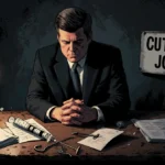 Robert F. Kennedy Jr. standing at a worn wooden desk with a broken syringe and a flickering bulb.