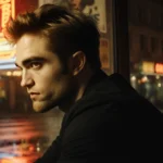 Robert Pattinson sits in vintage cinema with neon glow on wet pavement and classic movie posters behind