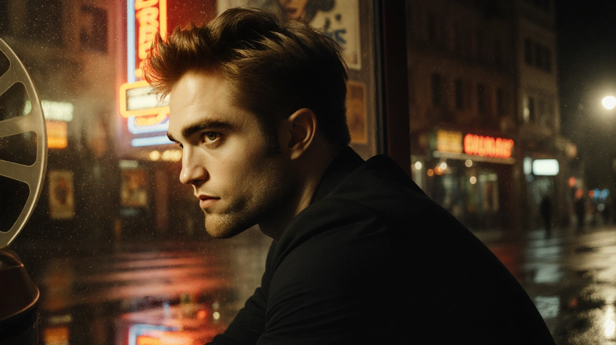 Robert Pattinson sits in vintage cinema with neon glow on wet pavement and classic movie posters behind