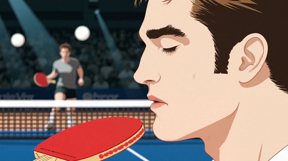 Robert Pattinson's voice speaks over the ping pong tournament with his eyes closed and blurred paddles flying through the air