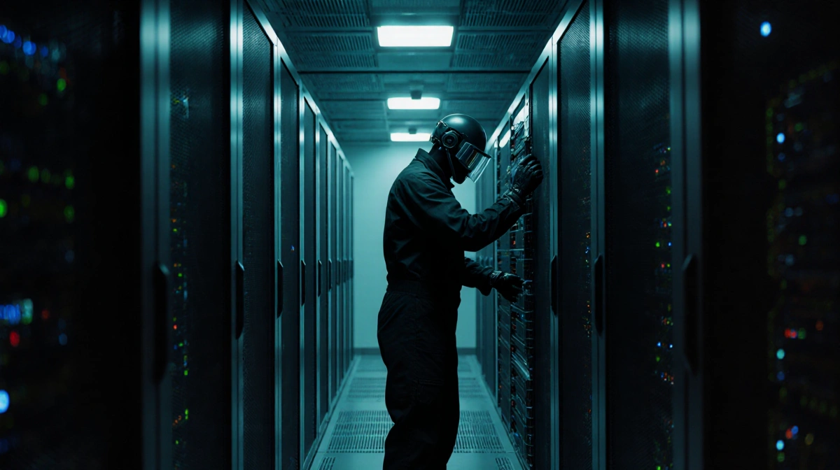 Robot technician inspects server hub with blue-green LED lights illuminating the computer racks