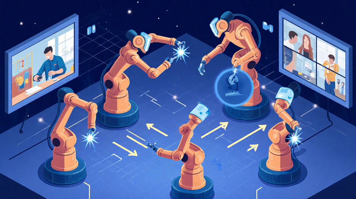 Industrial robots welding and assembling parts with human action videos on screens and connection arrows showing automation