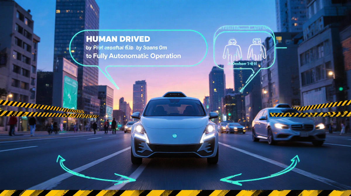 Autonomous robotaxi glides through futuristic cityscape with safety lines and pedestrians showing driverless technology