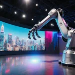 Robotic arm reaches toward futuristic cityscape display with bright LED lights and sleek metal surfaces at CES booth