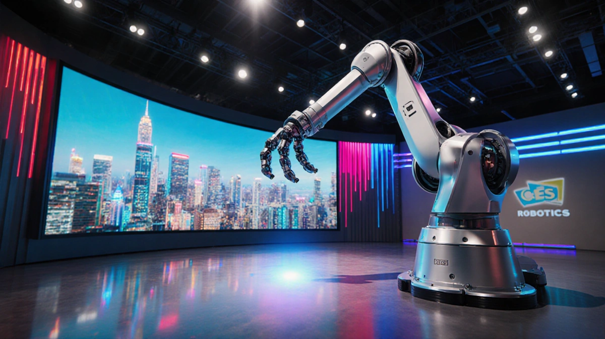 Robotic arm reaches toward futuristic cityscape display with bright LED lights and sleek metal surfaces at CES booth