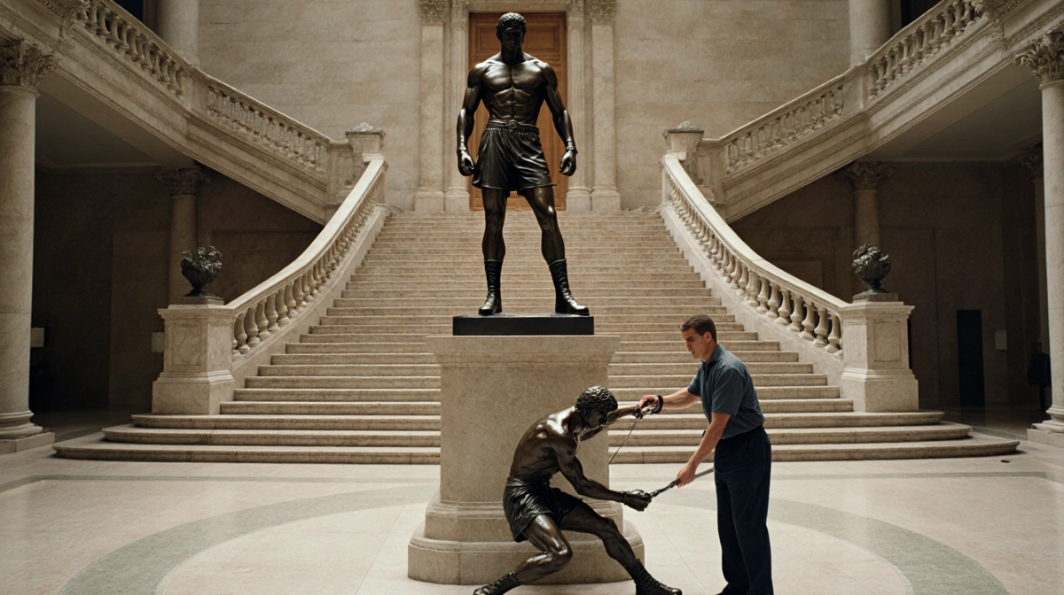 Museum worker moving the original Rocky statue onto new pedestal with replica being removed below