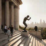 Rocky statue stands atop museum steps with city skyline behind and visitors climbing nearby