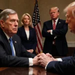 Chief Justice Roberts and Trump sit at Senate table with Federal Reserve Chair Lisa Cook standing nearby