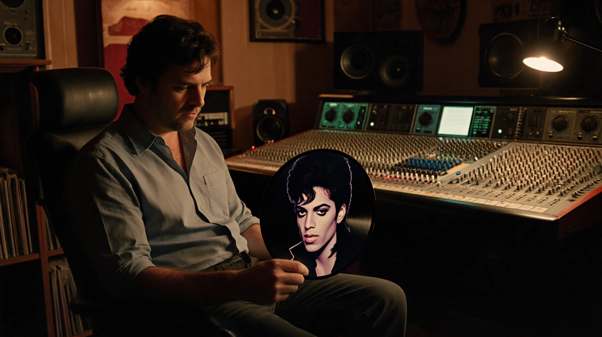 Ross Duffer reviews Prince vinyl in dim recording studio with vintage mixing board and warm nostalgic lights