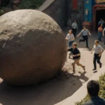 Cast member evading rolling boulder with other staff running and teammate leaping to help at Disney Hollywood Studios stunt