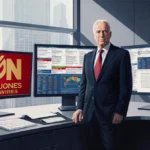 Rupert Murdoch stands at newsroom desk with Dow Jones Newswires logo on screen and News Corp colors behind