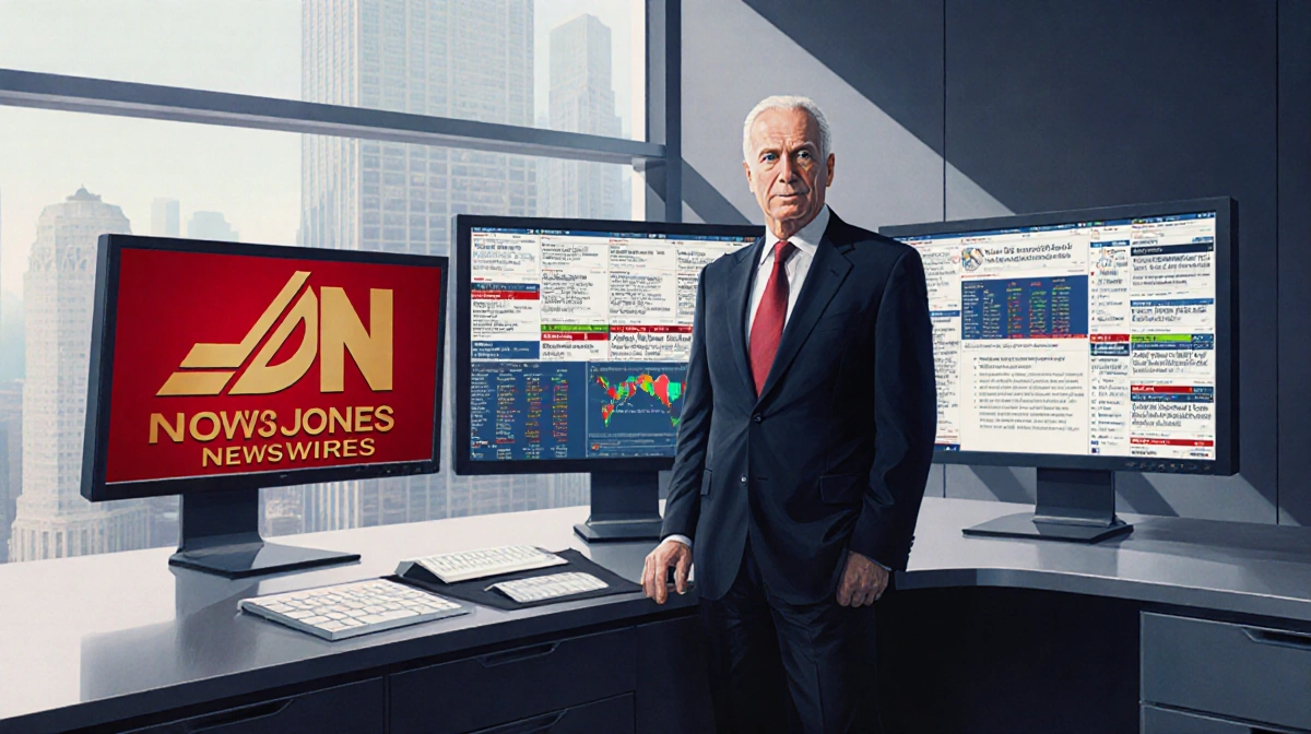 Rupert Murdoch stands at newsroom desk with Dow Jones Newswires logo on screen and News Corp colors behind