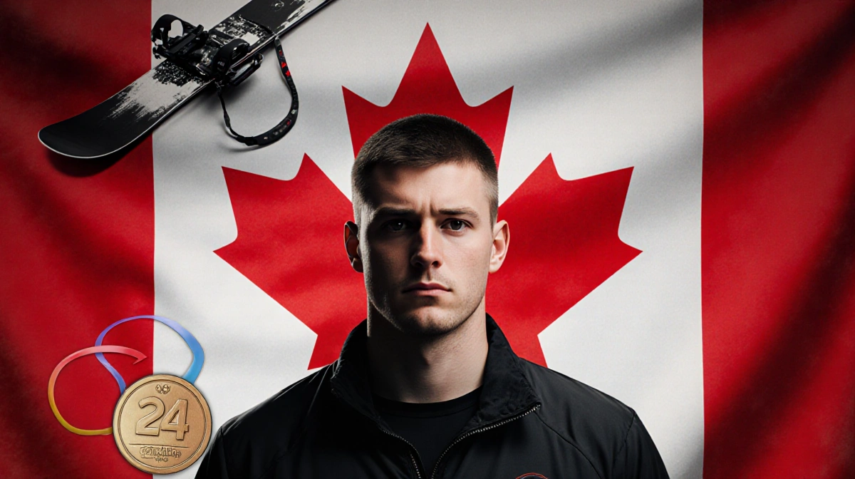 Ryan Wedding stands solemnly with Canadian flag behind and faint Olympic medal near his feet hinting at crime