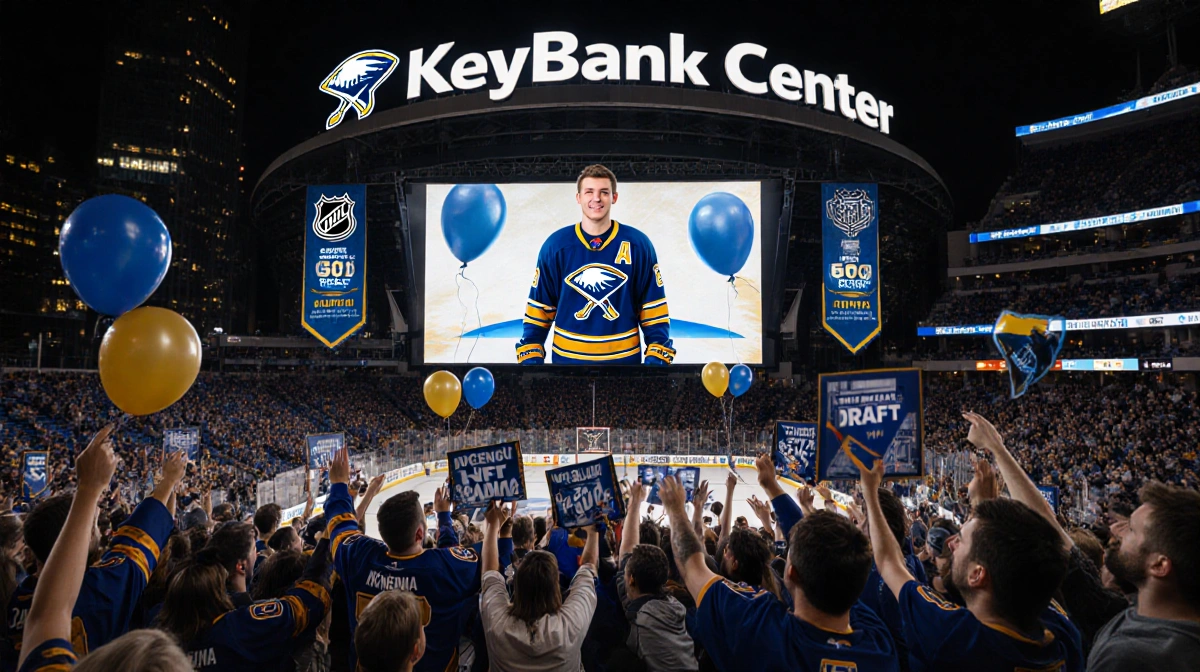 Buffalo Sabres fans cheer outside KeyBank Center with Gavin McKenna on screen and Bills signs waving