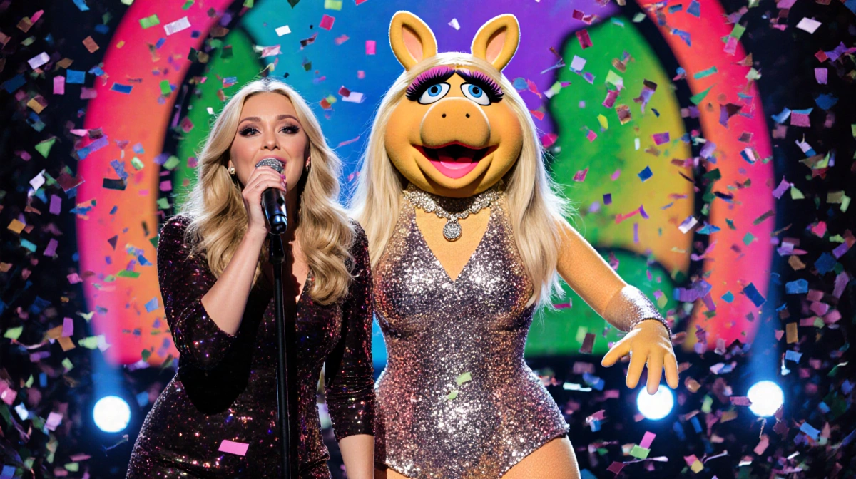 Sabrina Carpenter singing duet with Miss Piggy on stage with confetti and bright Muppet backdrop
