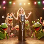 Sabrina Carpenter holding sparkly microphone with Muppets gathering around her and vintage stage in golden glow