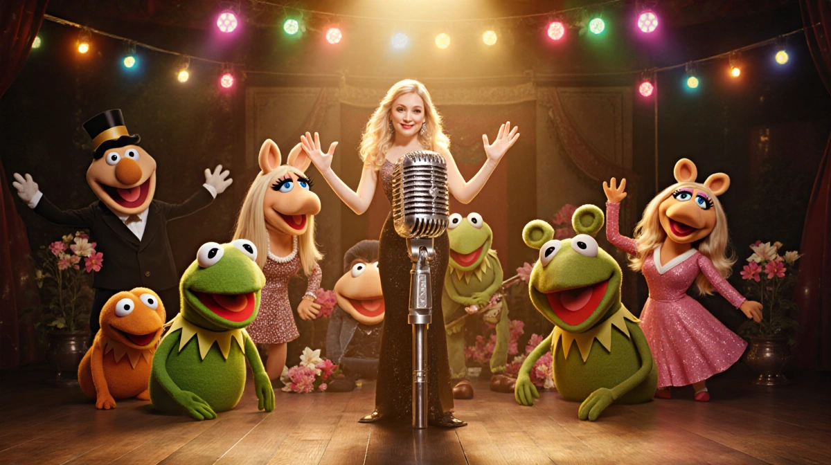 Sabrina Carpenter holding sparkly microphone with Muppets gathering around her and vintage stage in golden glow