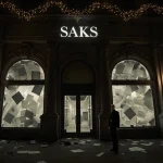 Empty Saks Fifth Avenue storefront stands dark with flickering holiday lights and bankruptcy papers scattered across broken d