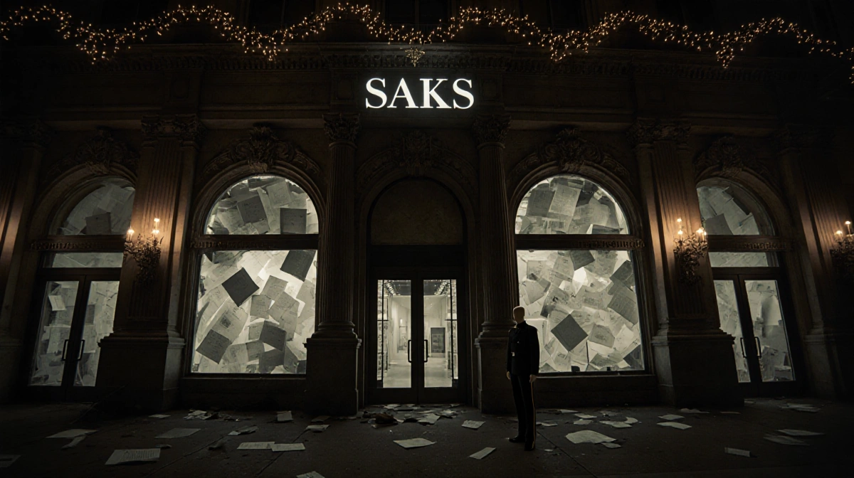 Empty Saks Fifth Avenue storefront stands dark with flickering holiday lights and bankruptcy papers scattered across broken d