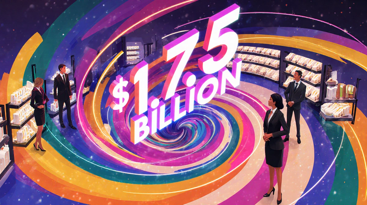 Swirling neon vortex displaying $1.75 billion financing lifeline with luxury products and designer staff surrounding the glow