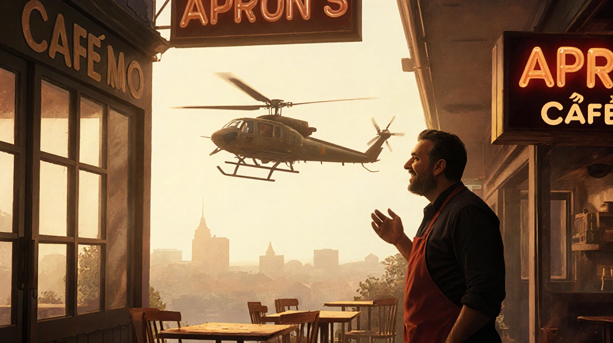 Sal smiling outside Apron Café with helicopter flying overhead and café sign showing