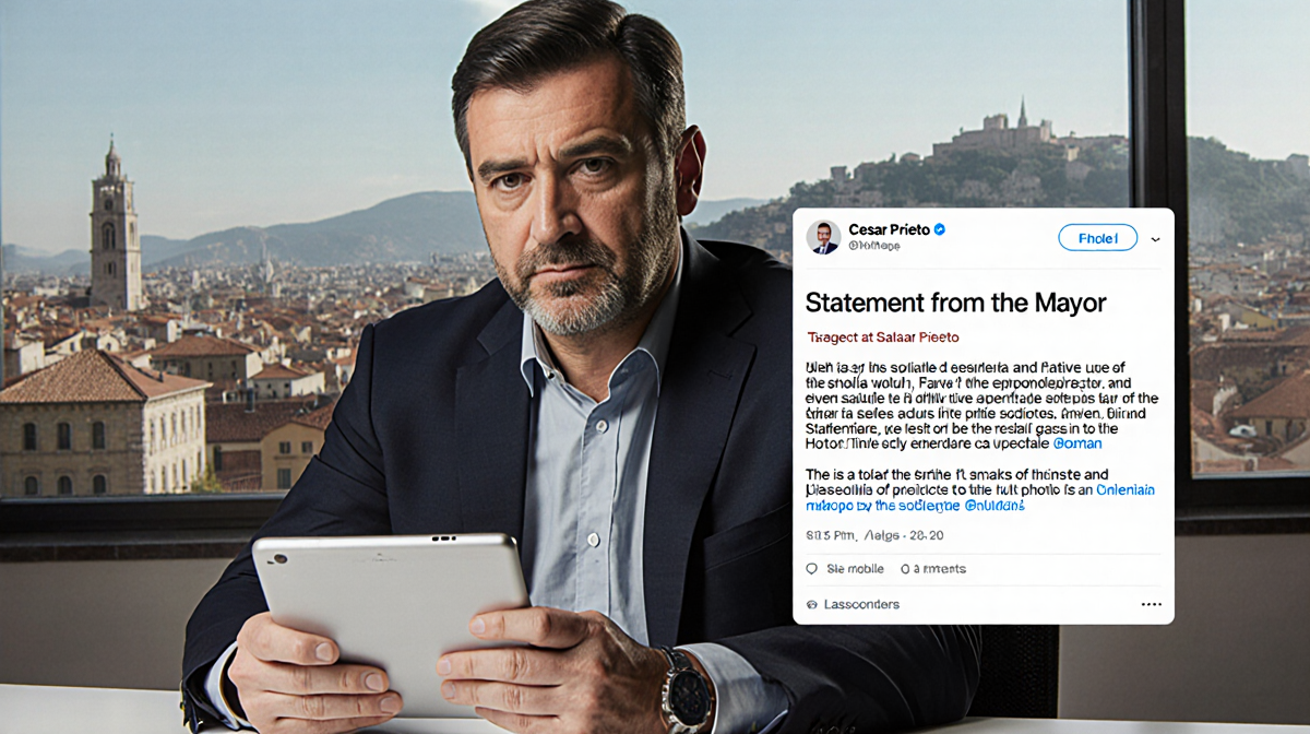 Mayor Cesar Prieto sits at desk holding tablet with post titled Statement from the Mayor over cityscape.