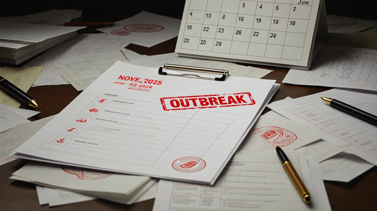 Medical chart lying open on desk with red Outbreak stamp and calendar with salmonella pattern June and November 2025.