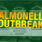 Bright salmonella outbreak warning sticker covers green super greens supplement packaging with urgent yellow text