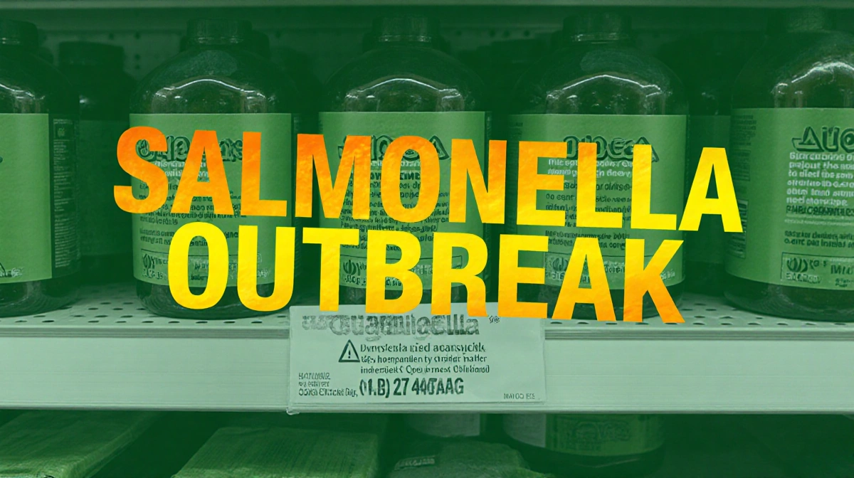 Bright salmonella outbreak warning sticker covers green super greens supplement packaging with urgent yellow text