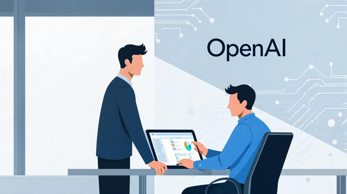 Josh Meier stands with Sam Altman at desk with tablet and laptop showing AI interface and OpenAI logo