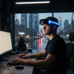 Sam Altman wears neural headset while working at computer with city skyline and neon lights glowing through window